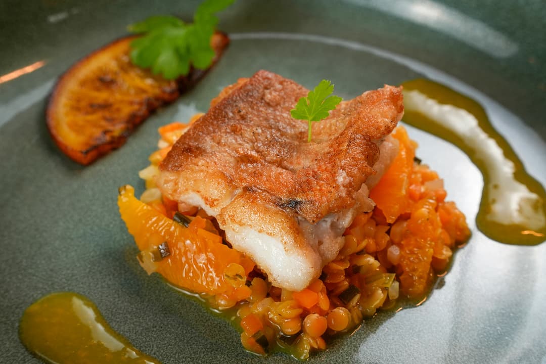 Rotbarsch á l’orange auf buntem Linsengemüse